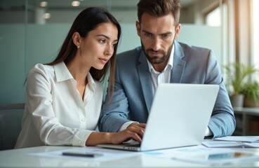 Two pro executive team business people work together on business finances analysis. Corporate manager consults client using laptop at office meeting. Team discussing company plan or project strategy.
