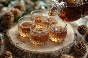 Glass cups of herbal tea arranged on a wooden tray with warm light