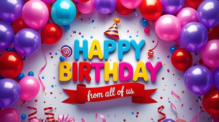 birthday banner with colorful typography, ballons, cake, confetti, ribbons. birthday party greeting card and invitation. Happy Birthday typography wishing card