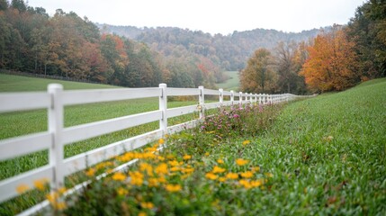 Fototapeta premium White wooden fence stretches across a green pasture with autumn trees and hills.