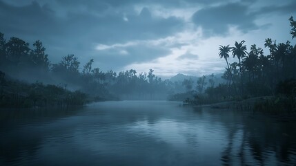 Ethereal tropical lagoon scene under moody overcast sky creating tranquility