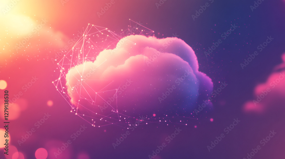 Aufkleber Cloud computing technology connecting lines and dots forming digital network on beautiful colorful sky at sunset