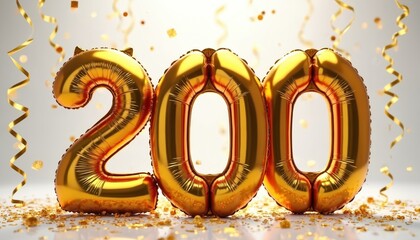 Golden metallic number 200 balloon for anniversary or birthday celebration with falling confetti. Holiday decorations, festive mood. Happy two hundred years party event on white.