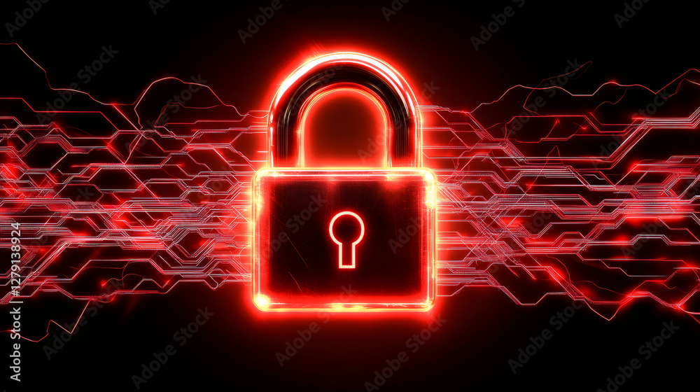 Fototapete red glowing padlock securing digital data on electronic circuit board, representing cybersecurity an