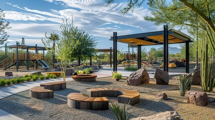 Innovative public park with shaded seating areas, native plants, and playgrounds, designed for community gathering and sustainable outdoor recreation. 