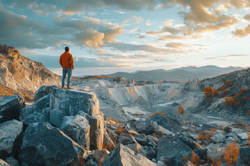 Exploring a breathtaking quarry landscape at sunset, a solitary figure stands atop rocks, embracing nature's beauty and the endless horizons of the mountains