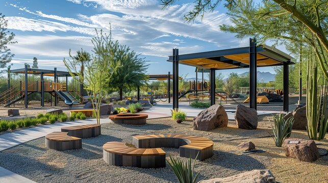 Innovative public park with shaded seating areas, native plants, and playgrounds, designed for community gathering and sustainable outdoor recreation. 