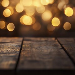 Warm golden bokeh lights softly illuminate a rustic wooden table in a cozy indoor setting during the evening hours