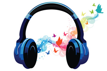 Create a surreal vector illustration of headphones emitting vibrant sound waves, incorporating abstract shapes and bold colors.  Focus on a captivating, otherworldly aesthetic.