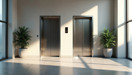 Modern hall with metallic elevator doors and floor indicator. Empty interior with glossy marble floor, indoor plants, panoramic window and sunlight. Business center, hotel, condos or office building.