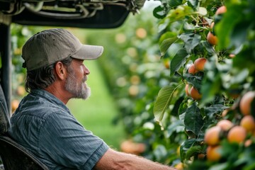 Farmer inspecting ripe oranges on a plantation