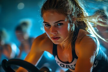Female athlete training in a gym with intense focus