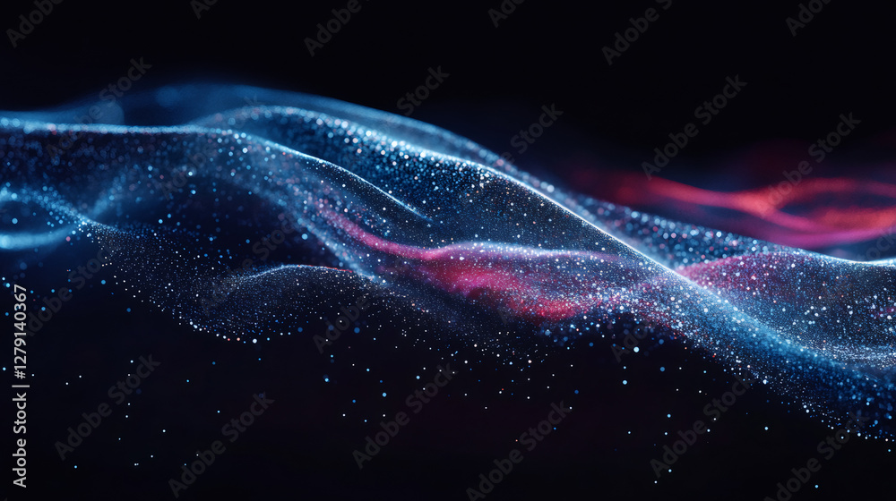 Aufkleber Energetic particle wave rippling dynamically across dark, luminous backdrop, generating vibrant digital motion and abstract visual flow