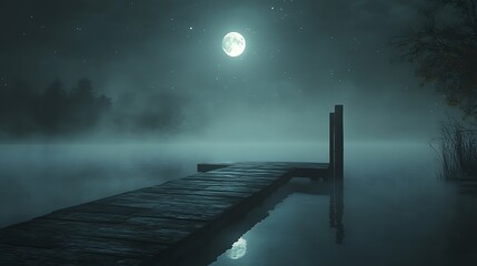 Misty night scene with wooden dock on calm lake under full moon.