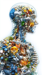 Microplastics nanoplastics pollution. Ocean impact. Environment health. Human body impacted by microplastics from seafood consumption.