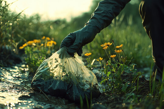 Collecting litter along a sunlit stream with vibrant wildflowers blooming beside the path during a peaceful afternoon in nature