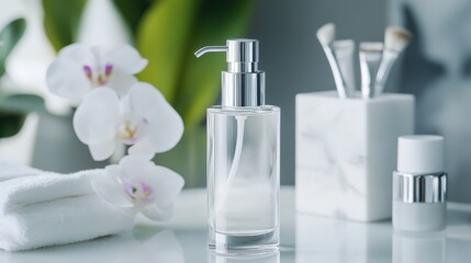 Elegant bathroom decor featuring a glass dispenser and orchids