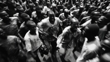 Black and white image of angry african people crowd with blurry effect