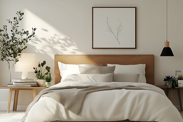there is a bed with a white comforter and a wooden headboard