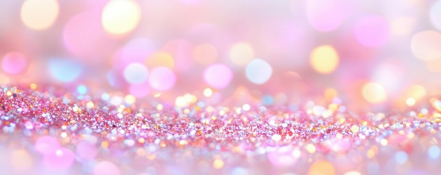 Glitter particles scattered across a reflective surface, creating a dreamy and vibrant scene with a mesmerizing bokeh effect.