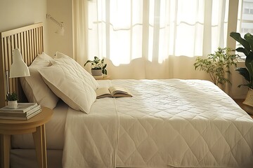 there is a bed with a white comforter and a book on it
