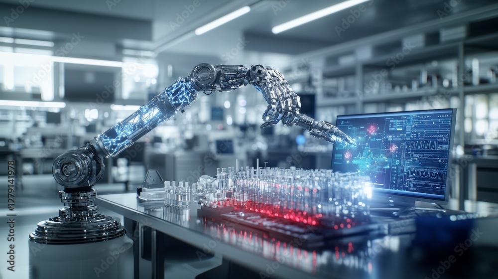 Poster Ai robotic arm innovating laboratory experiments high-tech lab digital interaction futuristic setting