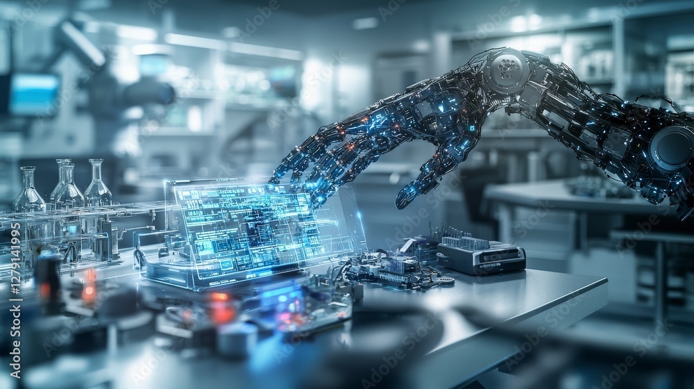 Poster Ai robotic arm interacting with technology tools modern laboratory digital art high-tech environment close-up view