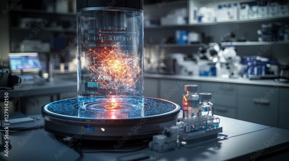 Poster Digital holographic system analyzing interconnected data in a tech lab environment