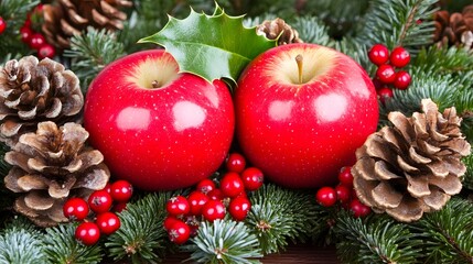 Fototapeta premium Festive Christmas Composition with Red Apples Pine Cones and Evergreen Branches on Wooden Table