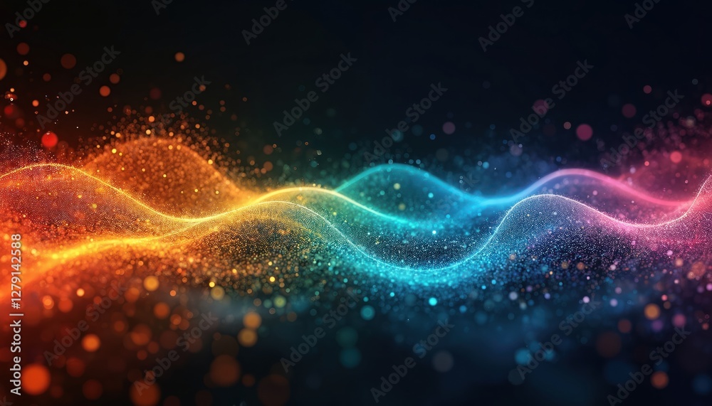 Poster spectrum of glowing radio waves on dark backdrop. vibrant colorful lines represent frequency signal,
