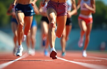 Female athletes sprint on running track, compete in sports competition. Close-up of legs, feet. Marathon runners race at stadium. Summer sunny day. Active lifestyle, fitness training workout.