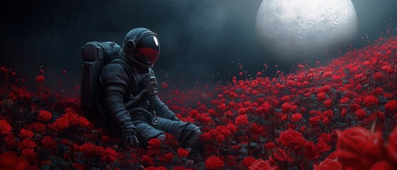 Fatigued Astronaut Among Red Roses Under an Alien Moon – Sci-Fi Surrealism in 4K