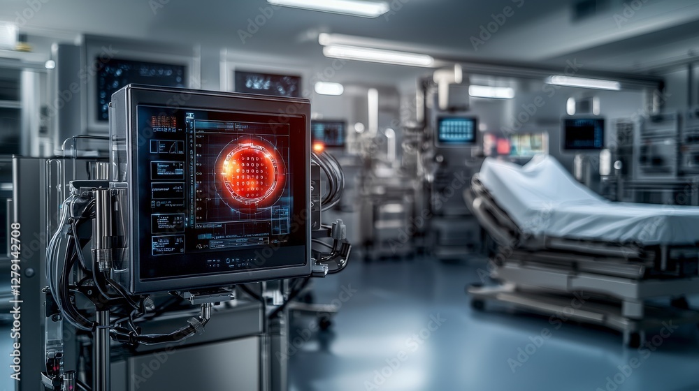 Poster futuristic ai-powered security system analyzing patient data in hospital environment