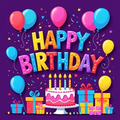 birthday banner with colorful typography, ballons, cake, confetti, ribbons. birthday party greeting card and invitation. Happy Birthday typography wishing card