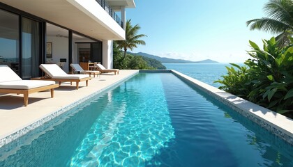 Fototapeta premium Luxury villa with infinity pool overlooking ocean. Lounge chairs, palm trees, blue sky. Tropical vacation at hotel resort. Relaxing summer holiday at sea. Modern architecture, travel destination.