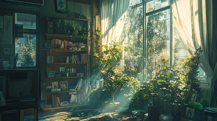Sunlit room with plants, bookshelves, and rug.