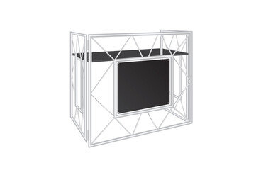 Aluminum diskjockey table or booth with a black shelf to put DJ controllers on during parties. Drawn in 3D in vector.