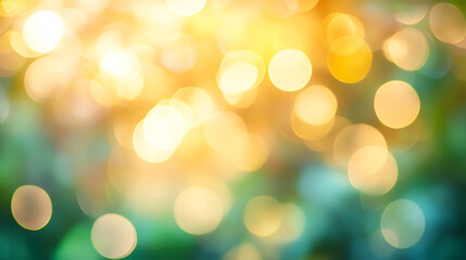 Fototapeta premium Golden bokeh lights creating a festive and magical atmosphere over a blurred green and yellow background