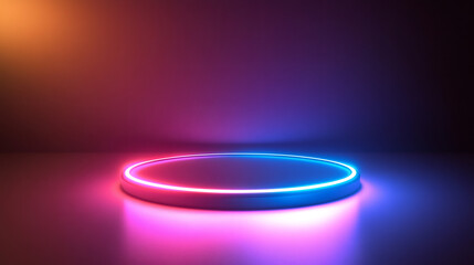 Obraz premium Round white podium illuminated by a blue and pink neon light on a reflective surface, perfect for showcasing products