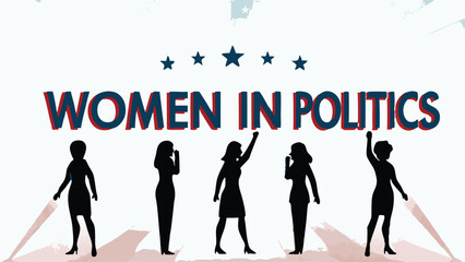 Create a vibrant vector illustration showcasing diverse women in various political roles, emphasizing empowerment and leadership.  Include symbolic imagery representing political action.