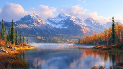 Autumn lake reflecting snow-capped mountains at sunrise