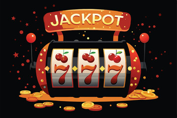 Create a vibrant vector illustration of a classic slot machine with a single gold coin dropping into the payout tray.  Focus on crisp lines and bright colors.