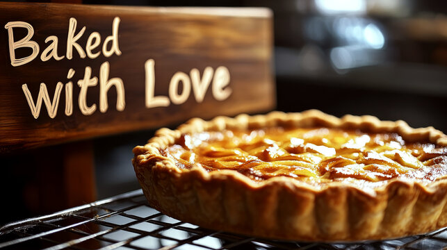 Baked pie on a cooling rack next to a wooden sign with the text "Baked with Love." Concept of homemade baking. For marketing baked goods. - Powered by Adobe