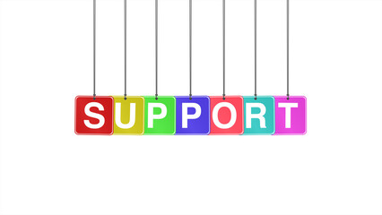 "Support" text hanging and bouncing on a white background, symbolizing assistance and encouragement