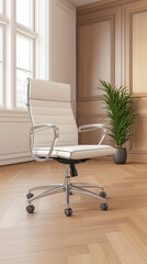White office chair in stylish workspace with wooden decor