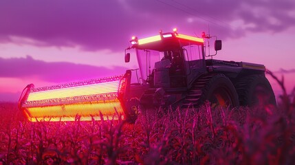 Obraz premium Cyberpunk Harvest: Futuristic Tractor at Sunset