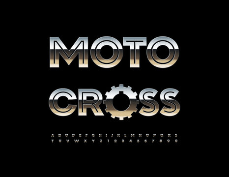 Vector Steel emblem Moto Cross with Metallic Сogwheel. Reflective Silver Font. Glossy Crome Alphabet Letters and Numbers set.
