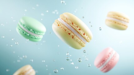 Colorful macarons floating in mid-air with water droplets against a light blue background