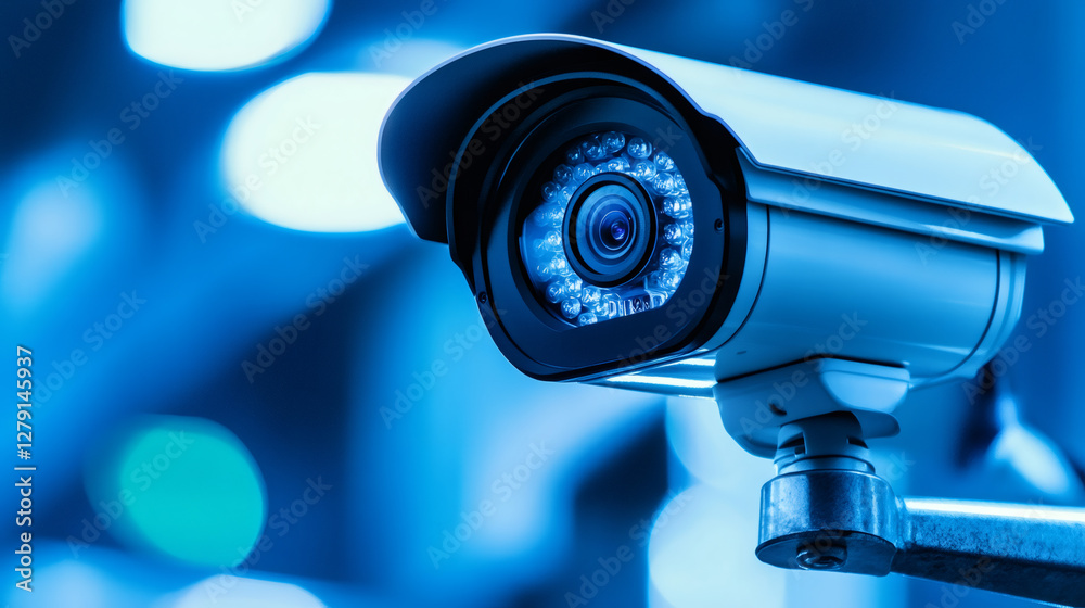 Fototapete security camera recording video in blurred blue setting, emphasizing advanced monitoring technology 