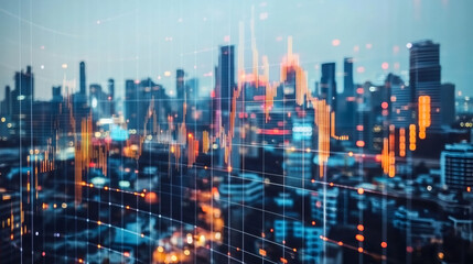 Obraz premium Digital composite of illuminated cityscape at twilight with financial chart showing economic growth